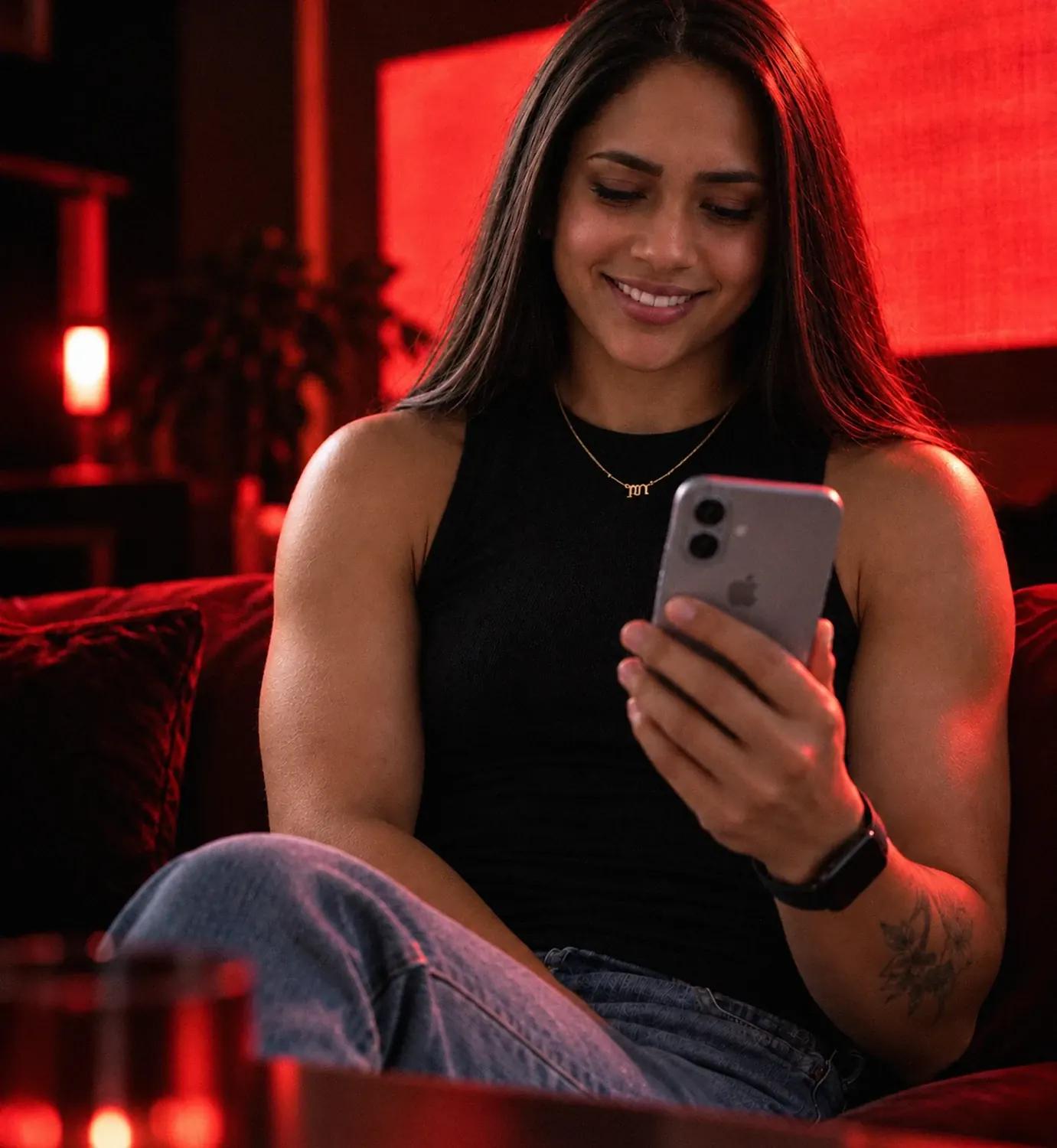 Marek Health client checking her health results at home.