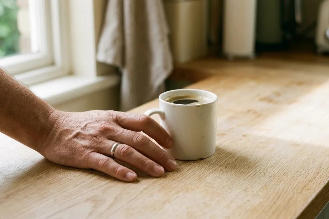 Coffee mug on sunlit kitchen counter with man's hand resting beside it
