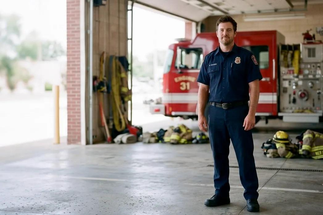 Firefighter in station uniform standing in a sunlit firehouse bay