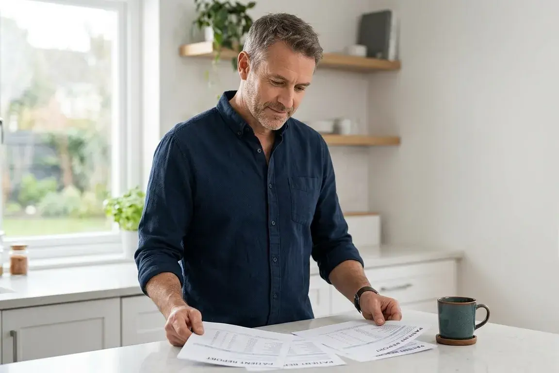 Man reviewing lab results at home related to TRT kidney function