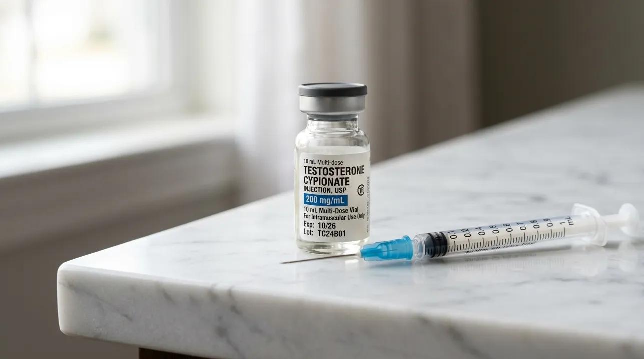Close-up testosterone injection vial and syringe for TRT protocol