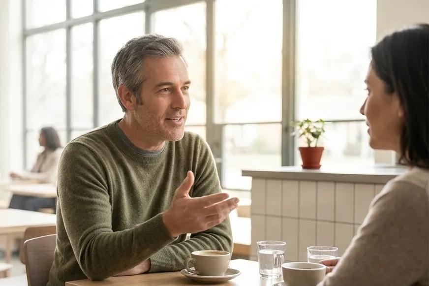Man mid-conversation at café showing mental clarity