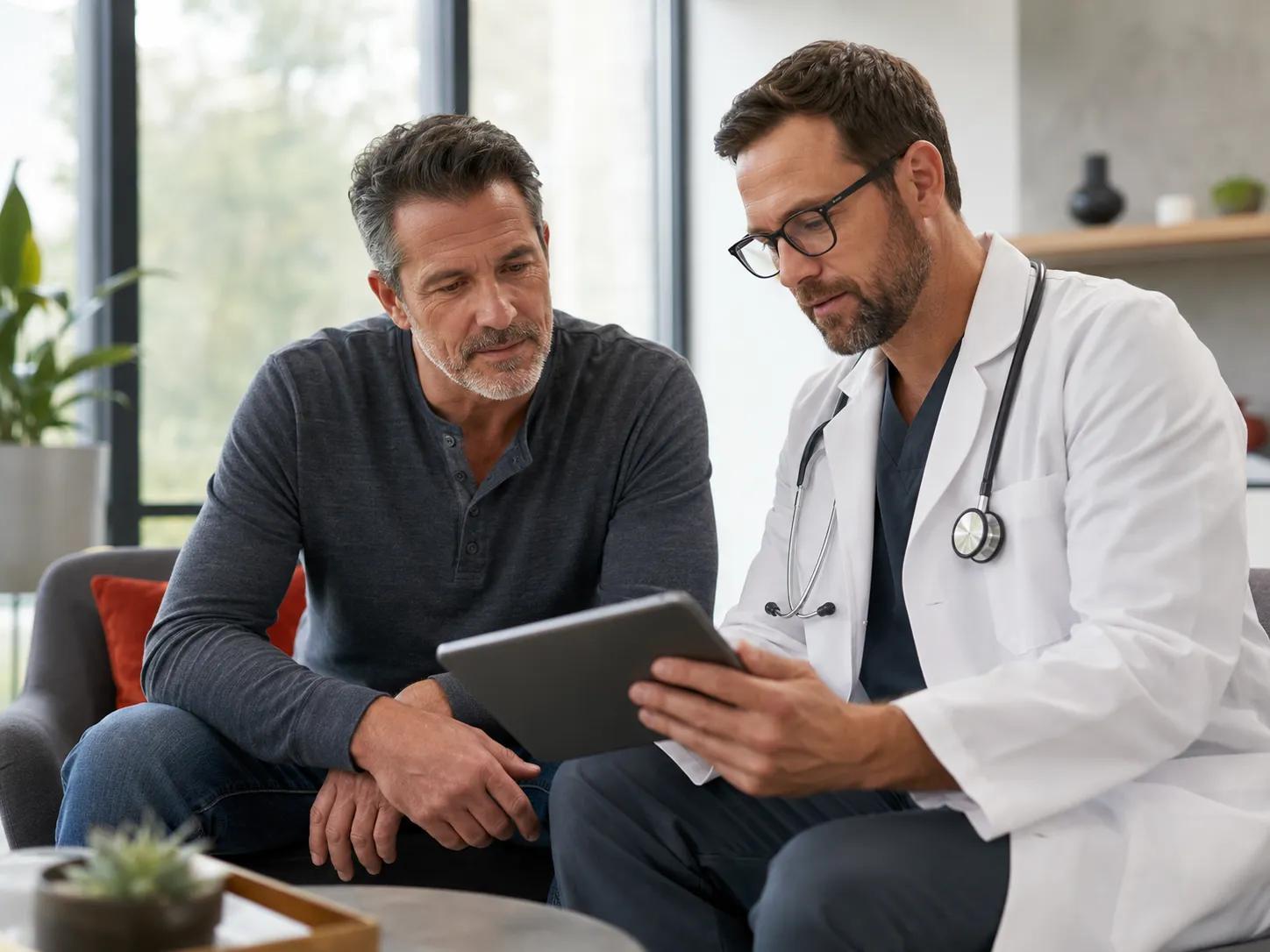 Man reviewing hormone lab results with a provider during a TRT vs HGH evaluation
