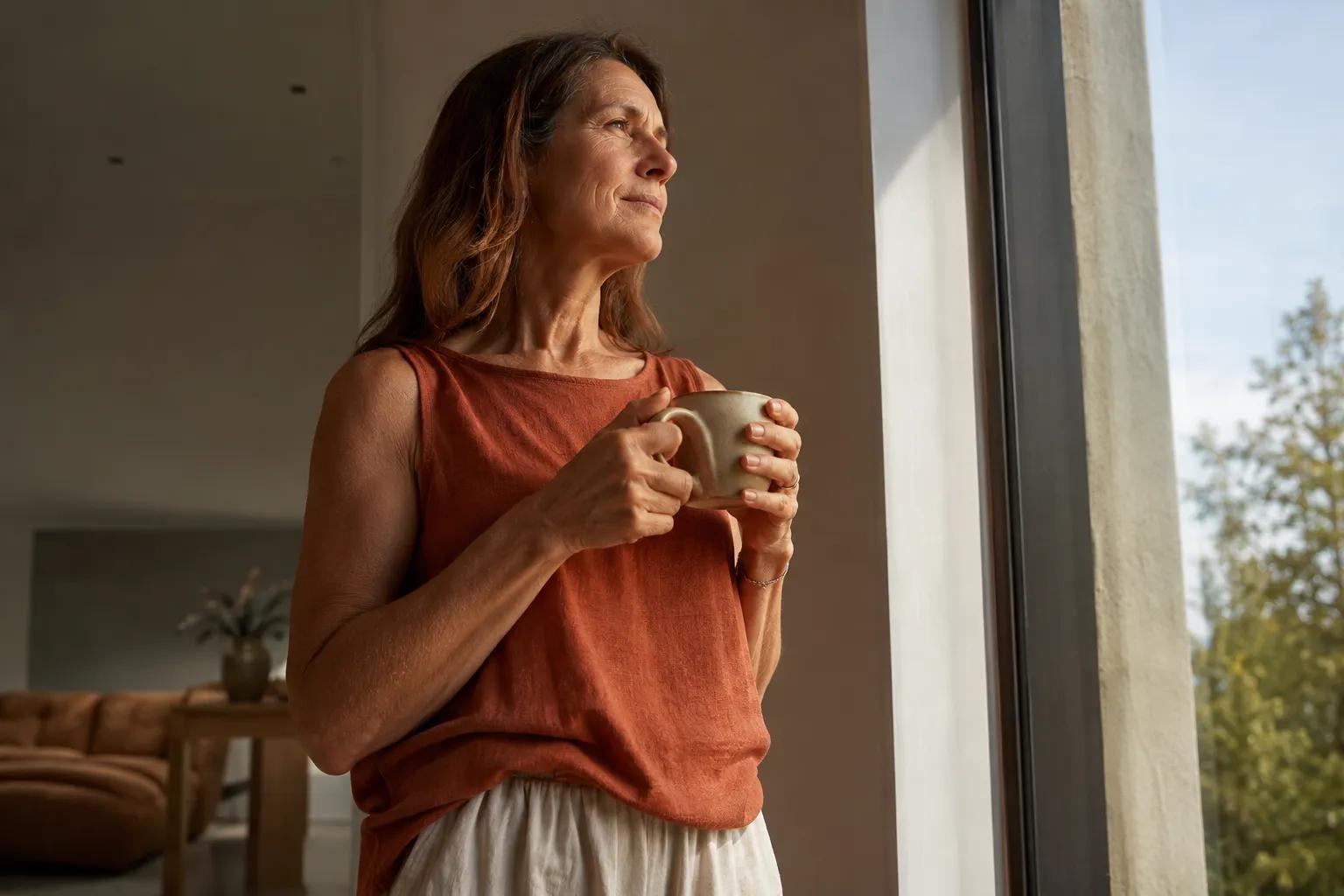Woman standing by sunlit window with coffee in a calm morning moment