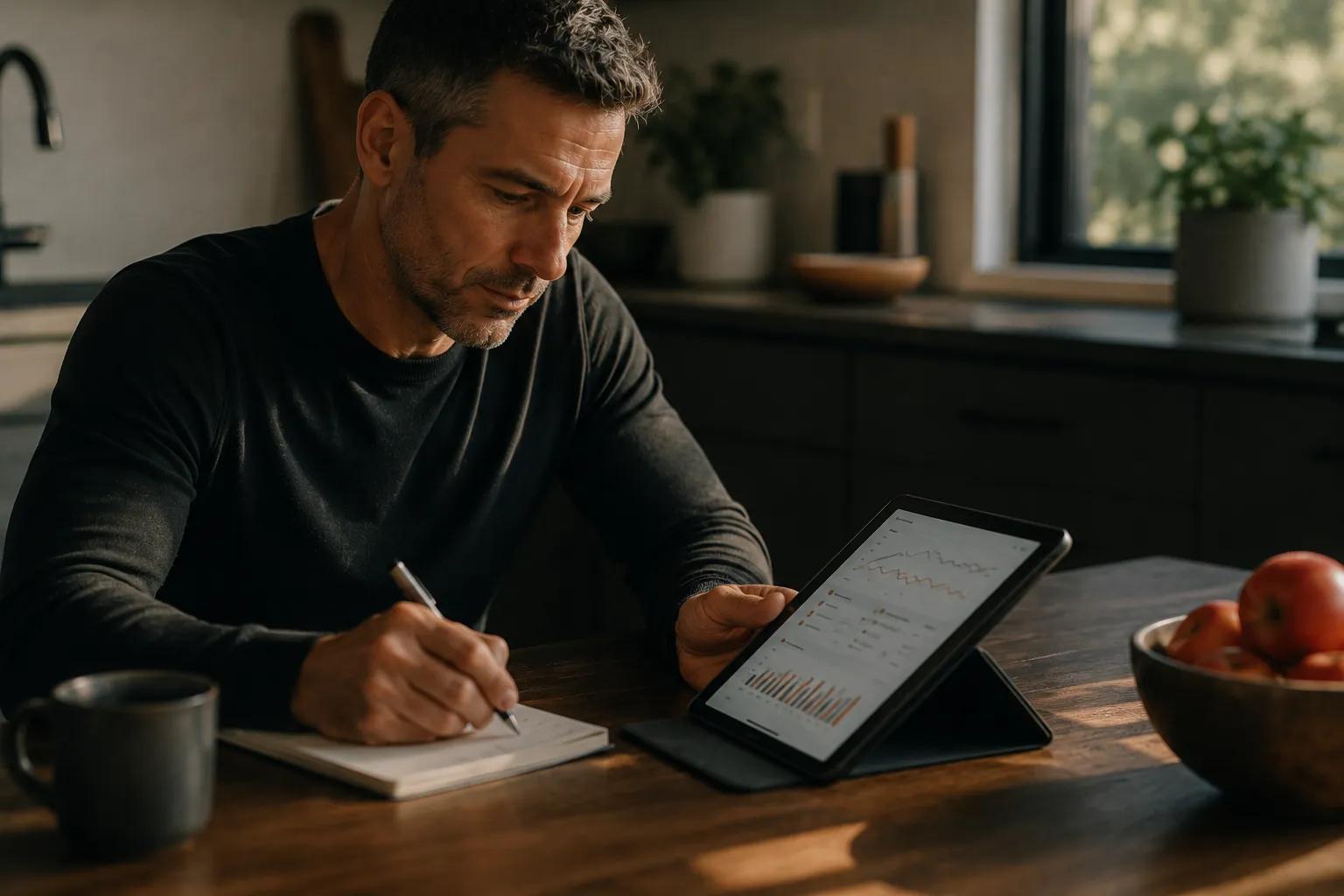 Man reviewing testosterone treatment monitoring results at home using a health dashboard.