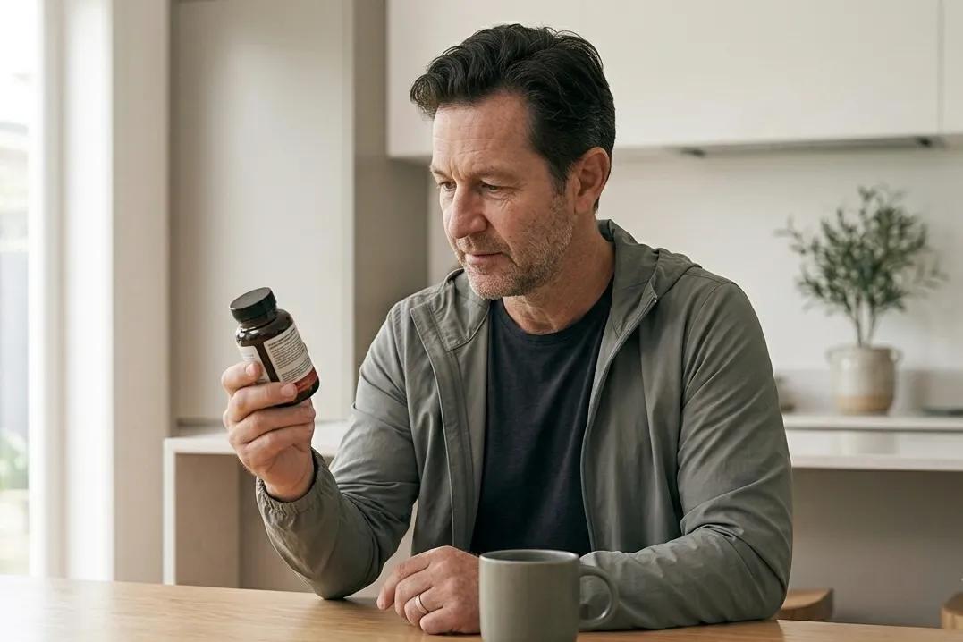 Man reviewing a DHEA supplement label at a kitchen table
