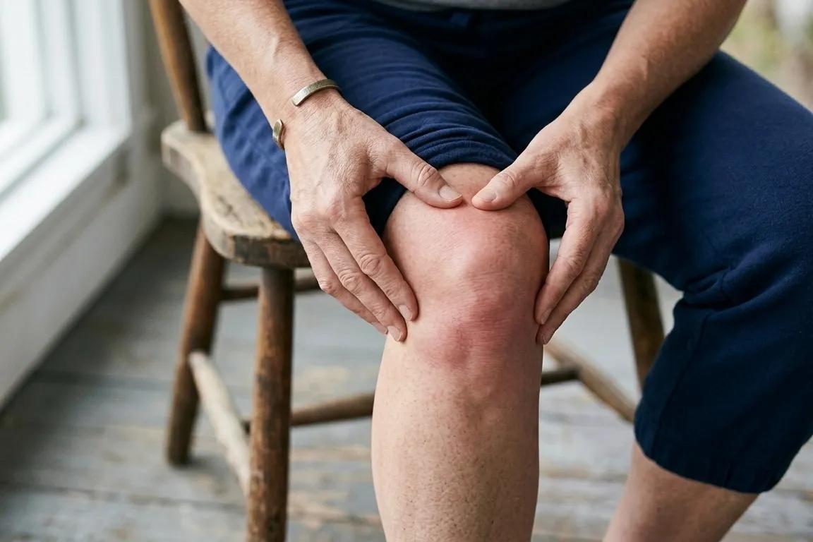 Woman pressing around swollen knee joint showing inflammation linked to menopause estrogen decline