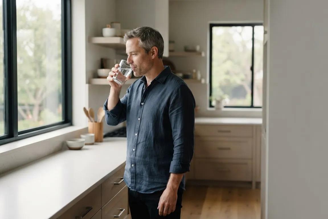 Man drinking water in sunlit kitchen during TRT routine