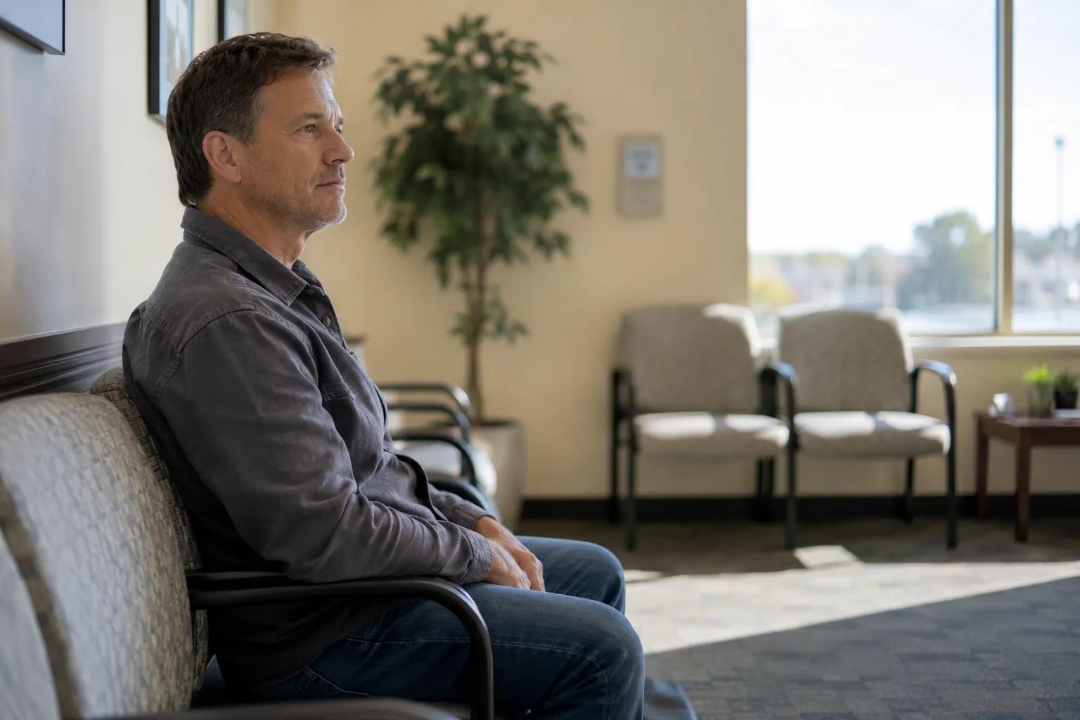 man sitting in medical office waiting room for testosterone blood work