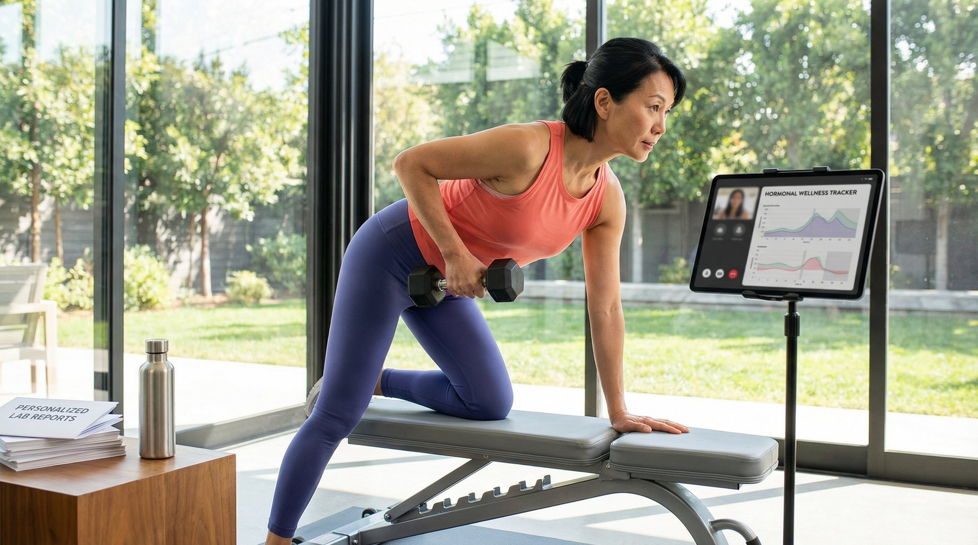 anti-aging telehealth home gym session for strength and hormone balance