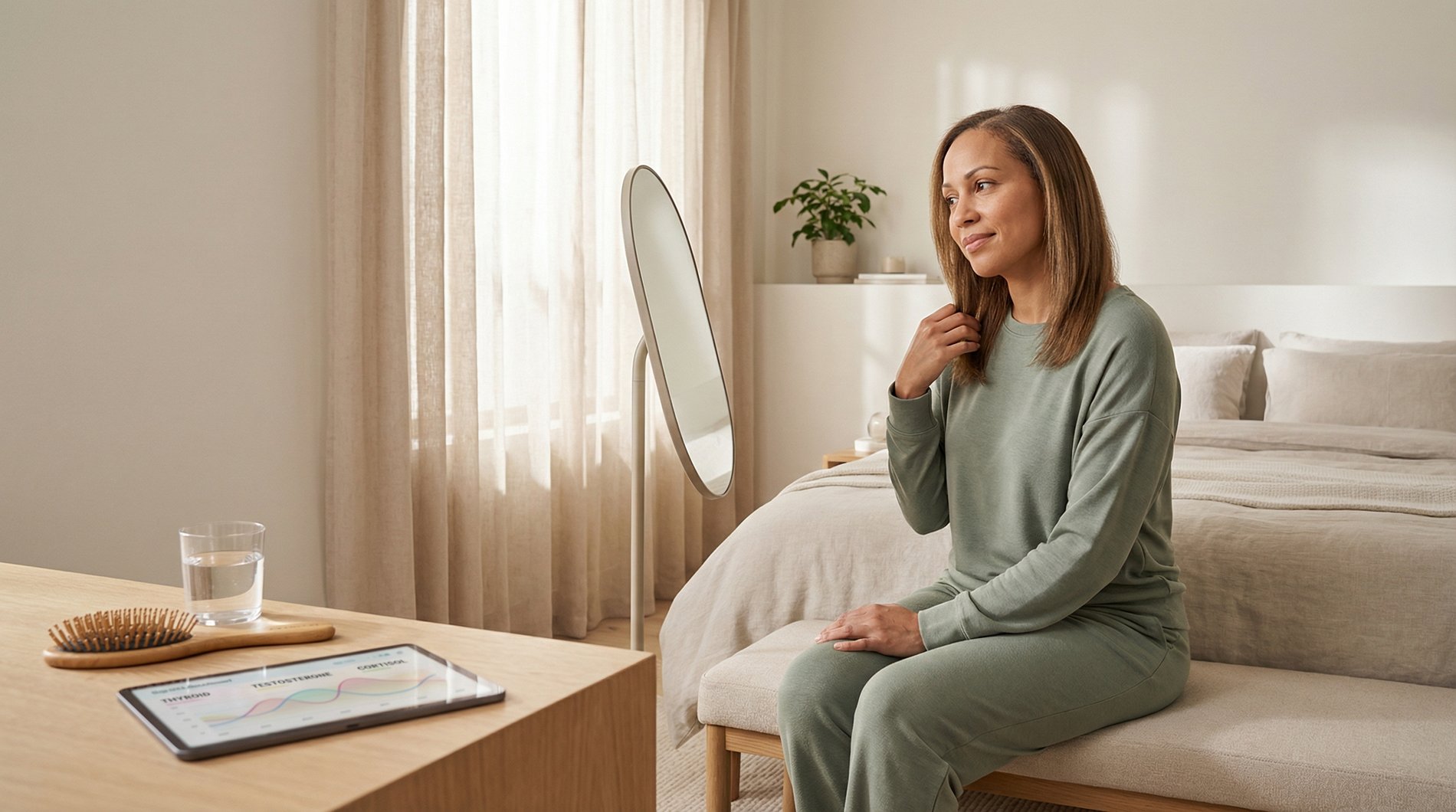 Woman examining hair with telehealth tablet
