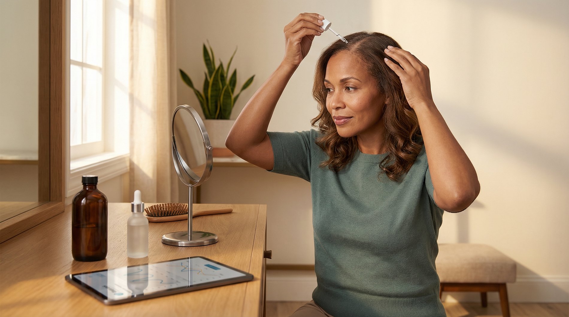 Woman applying hair growth serum