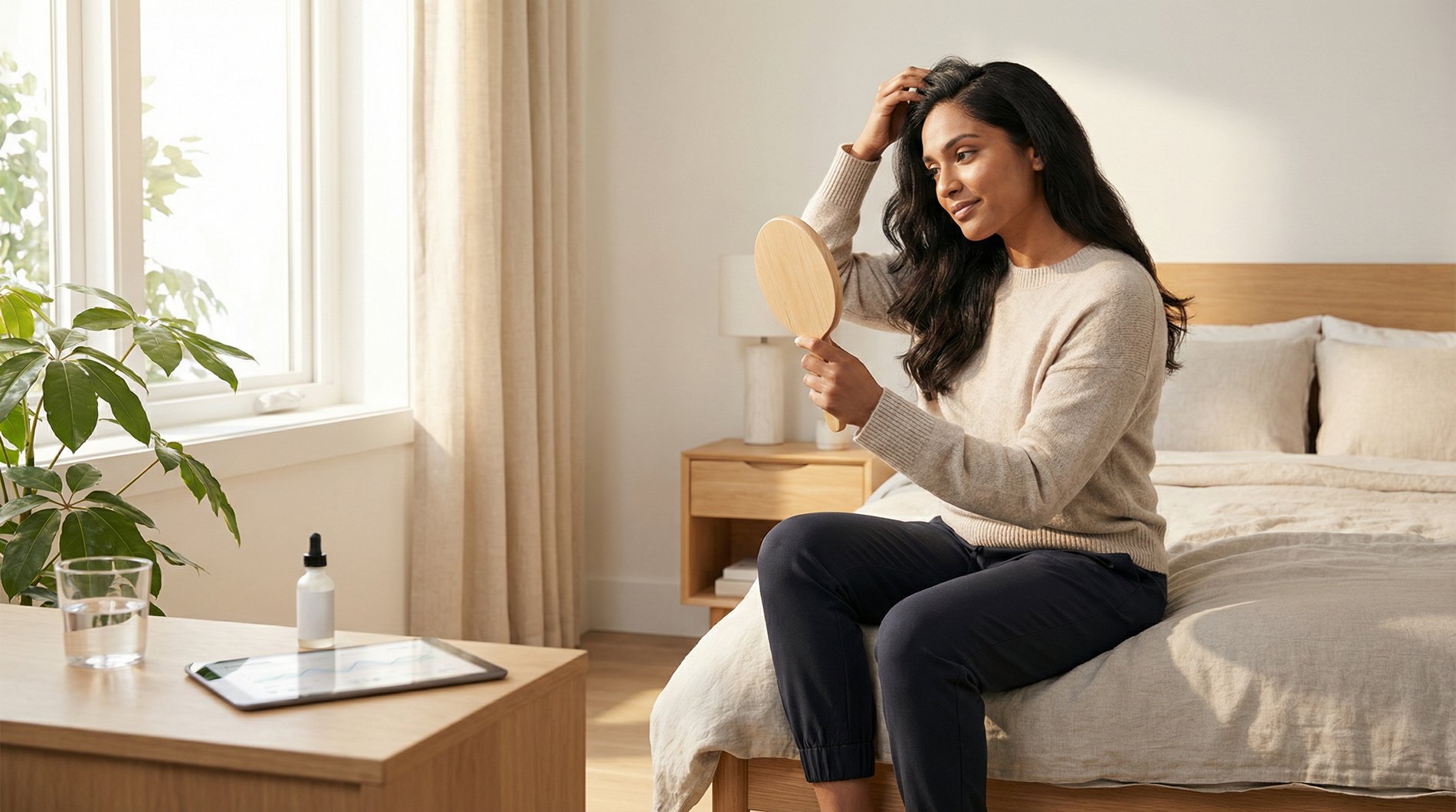 Person examining clear scalp at home