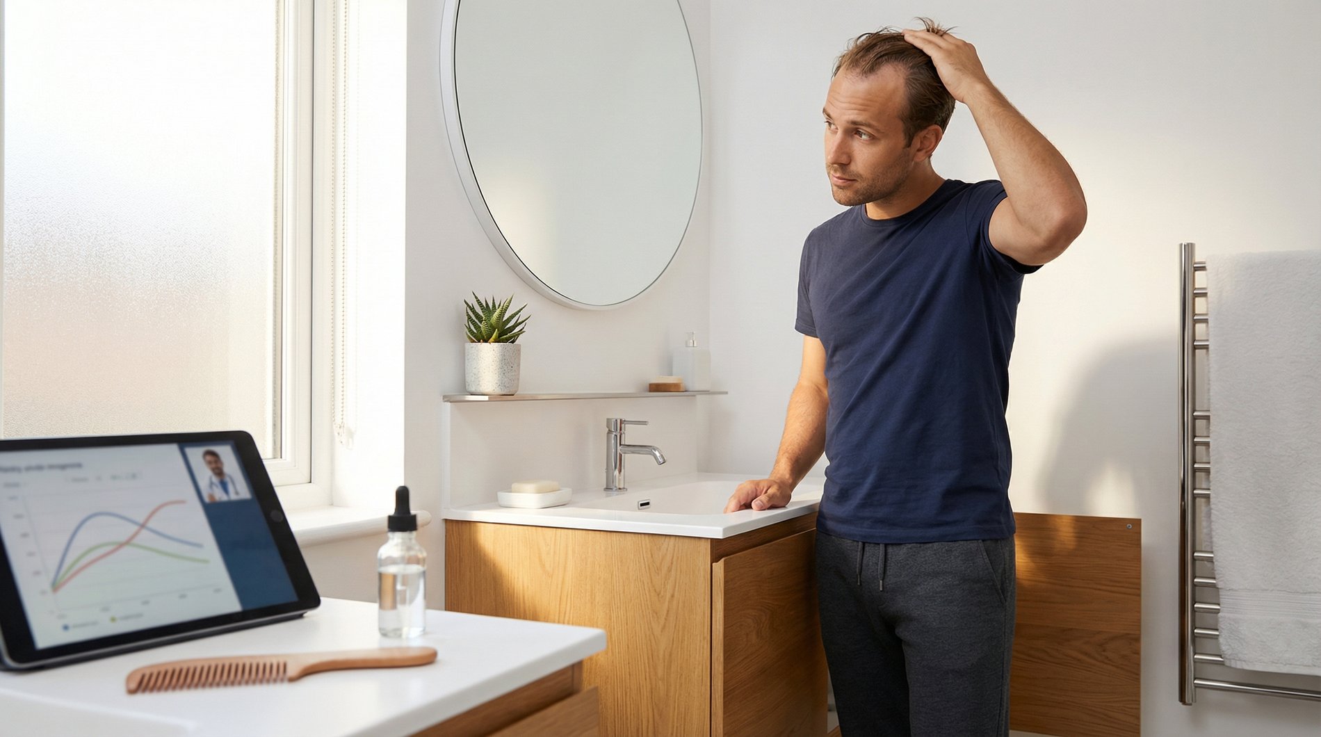 man checking early hairline recession
