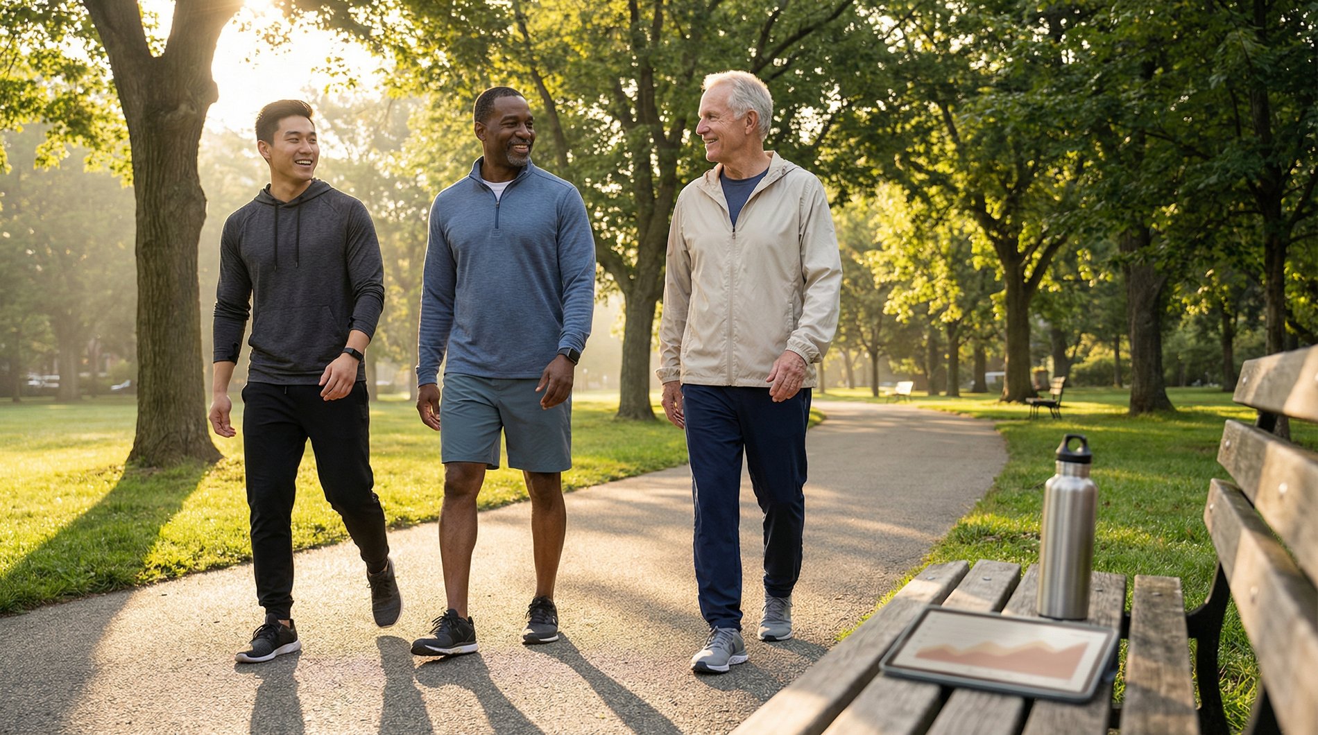 men of different ages walking in park