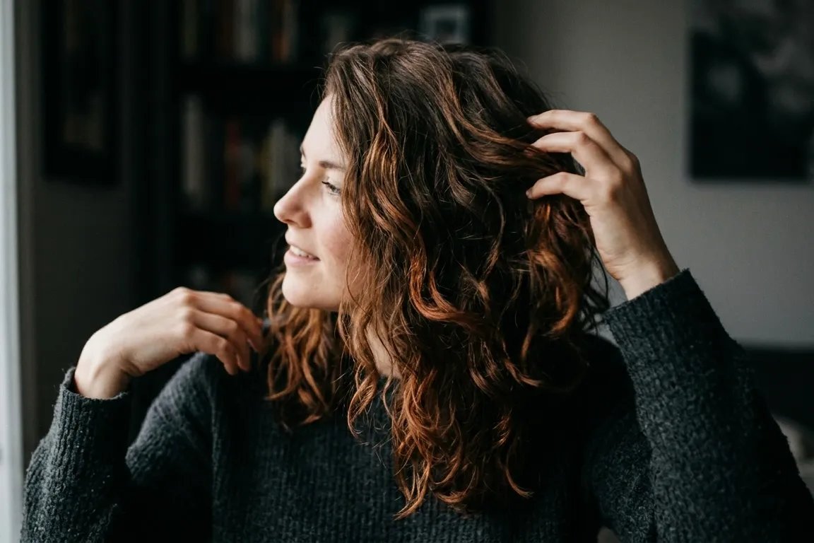 Person running hand through healthy hair after stress-related hair loss recovery