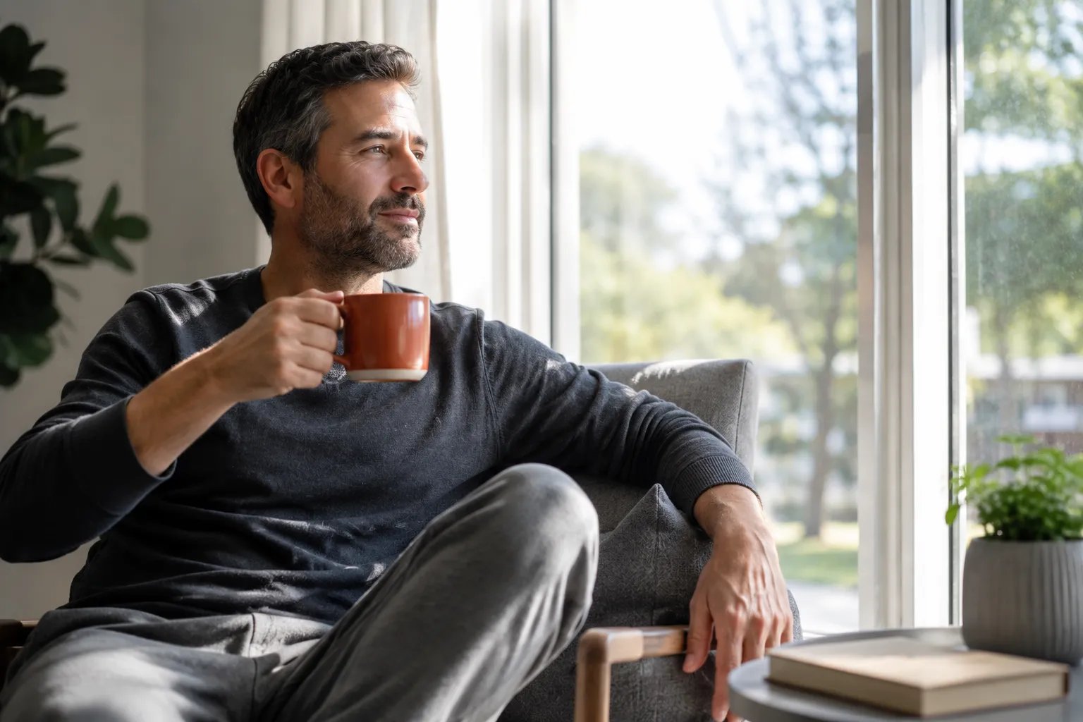 Calm man relaxing by a sunlit window, reflecting steady mood