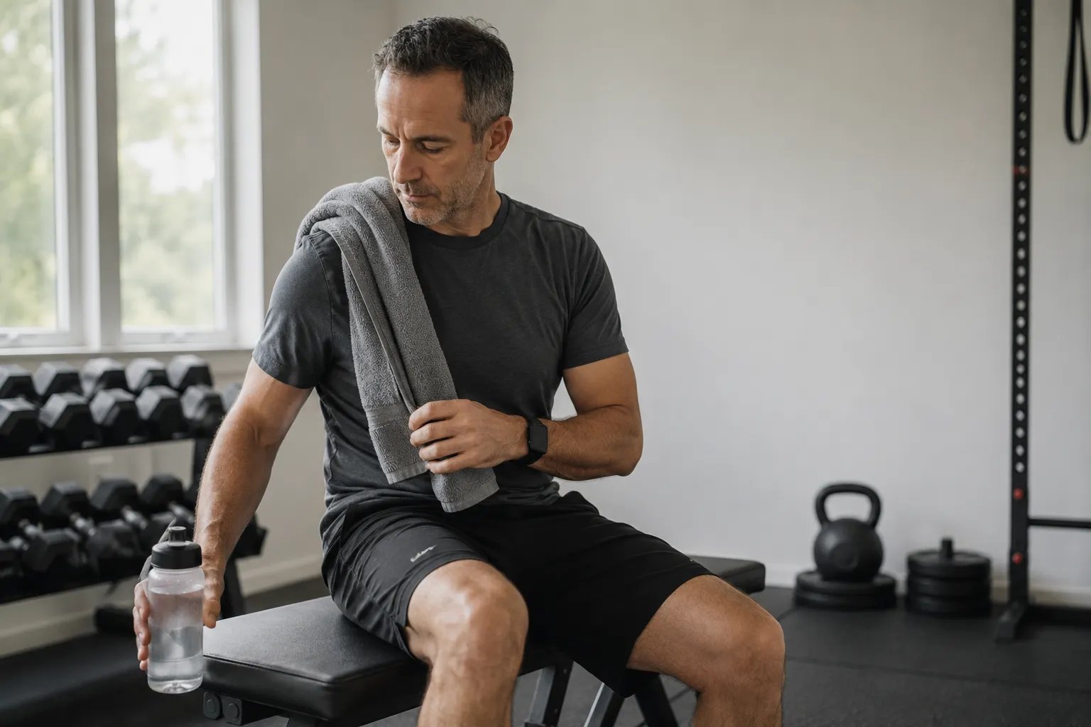 Man resting on weight bench in home gym morning light