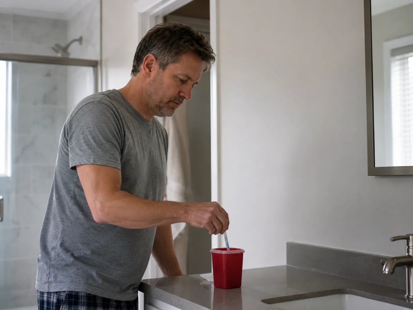 Man placing capped TRT needle into sharps container at bathroom counter