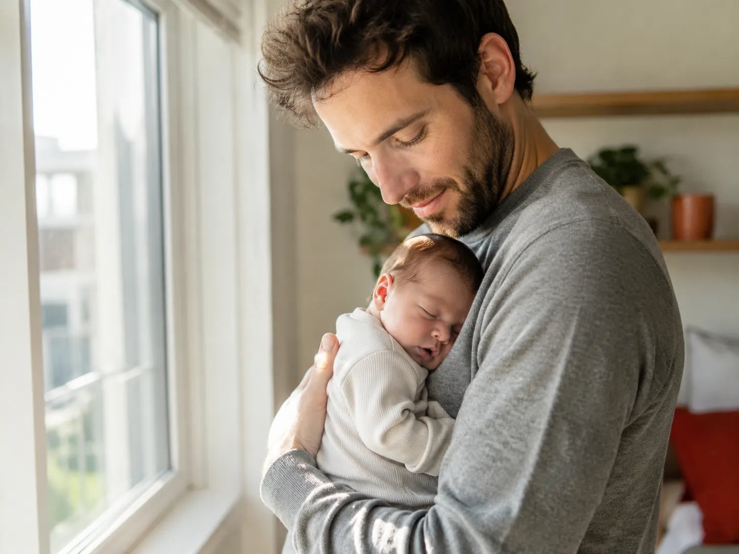 Father holding a newborn in bright daylight, fertility on TRT with hCG
