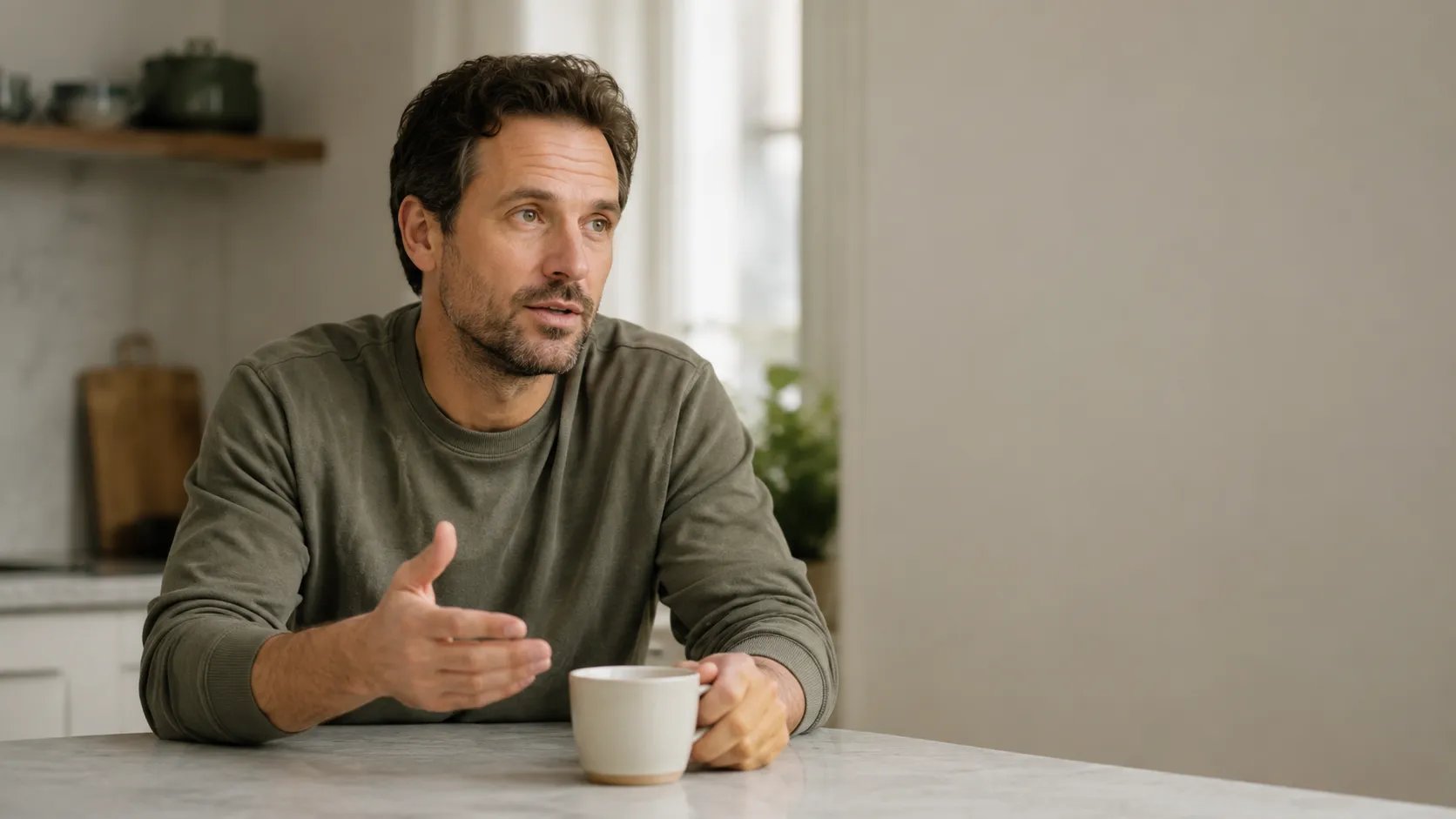 Man speaking casually in morning light, voice and TRT concept