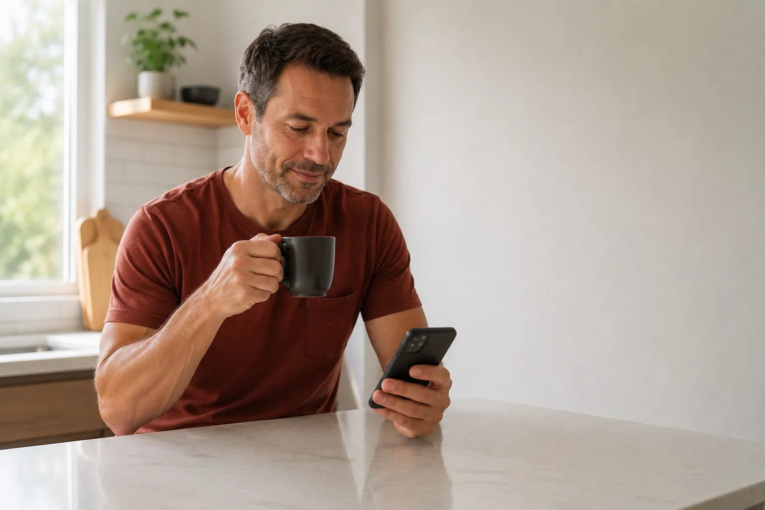 Man having coffee before starting daily testosterone nasal gel routine