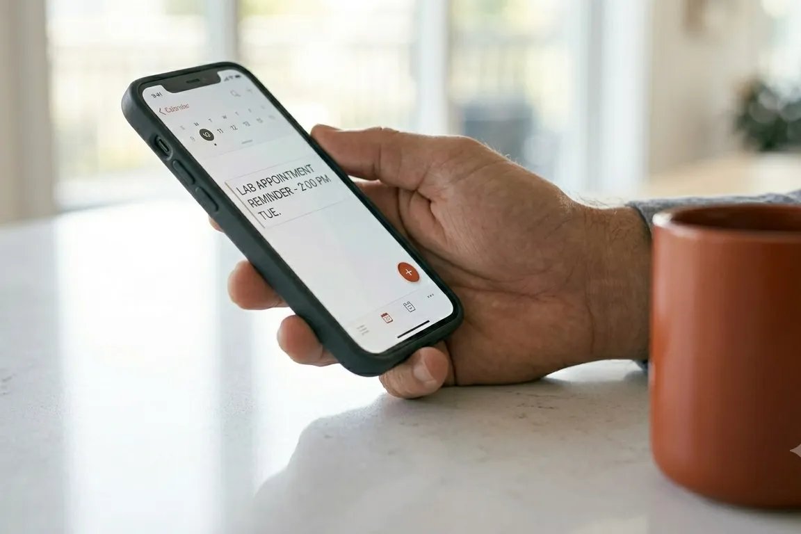 Phone close-up showing a lab appointment reminder for a TRT monitoring schedule