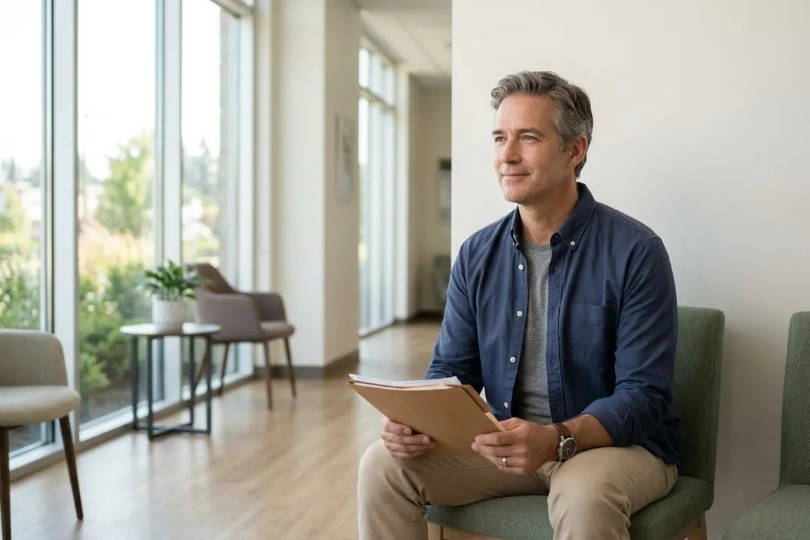 Veteran preparing for testosterone evaluation at medical appointment
