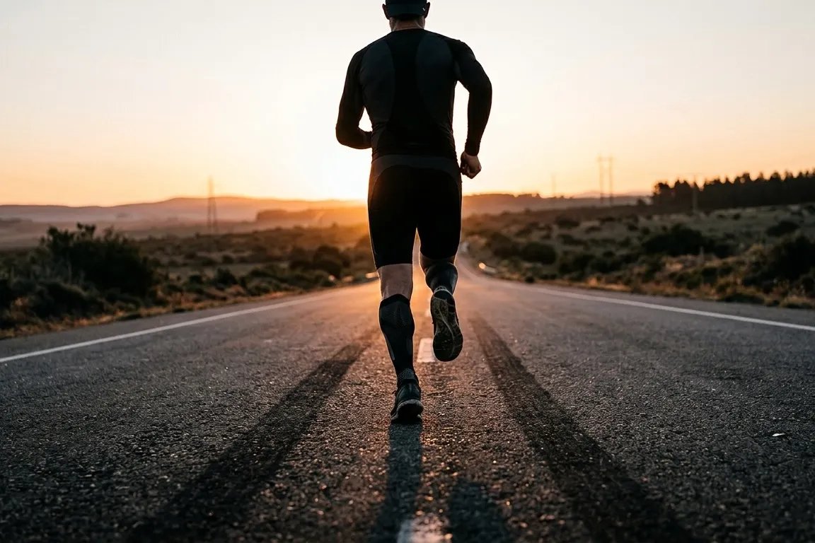 Runner mid-stride at dawn on road for insulin resistance and weight management
