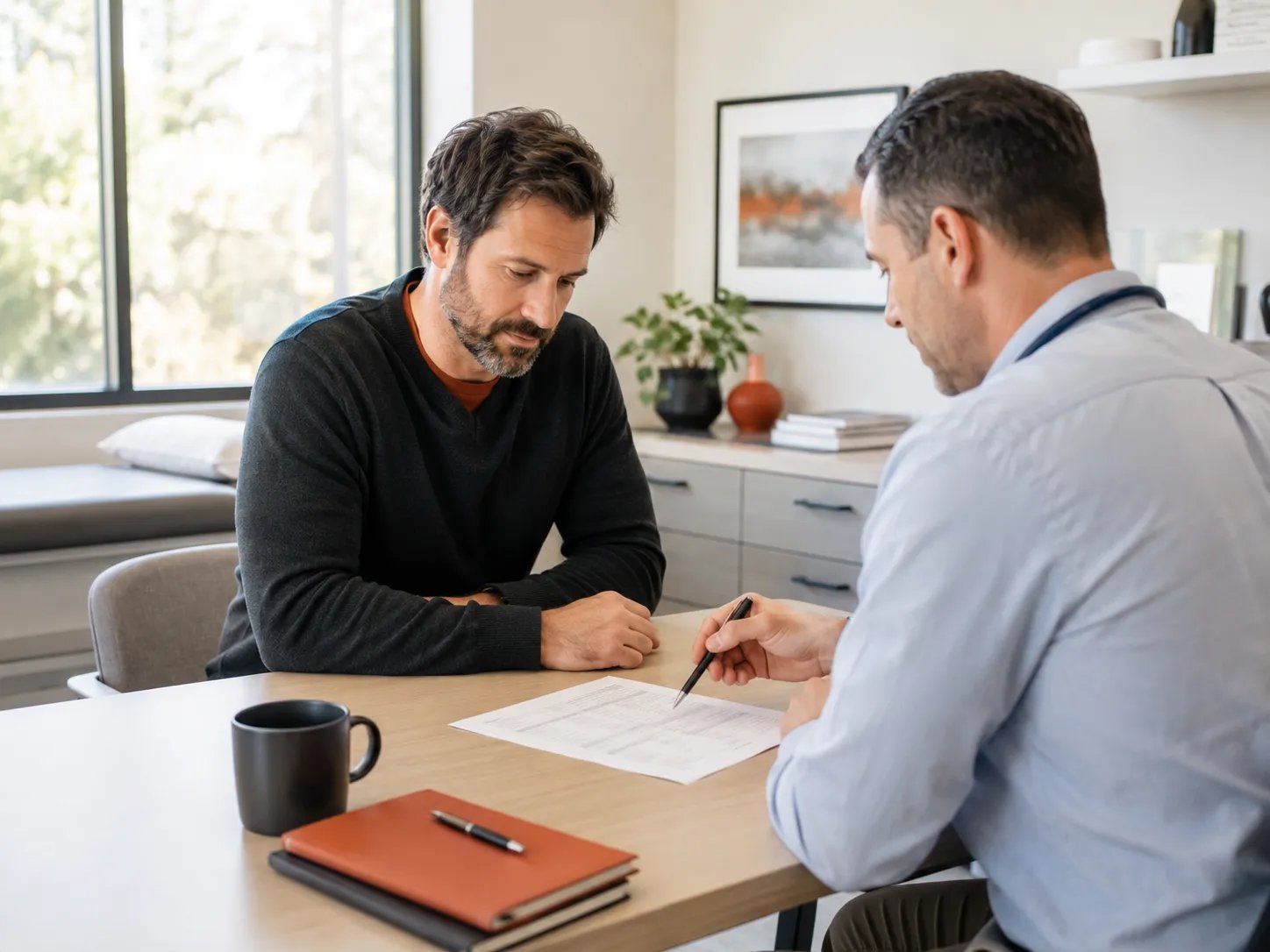 Man reviewing testosterone lab results with a clinician when choosing a TRT provider