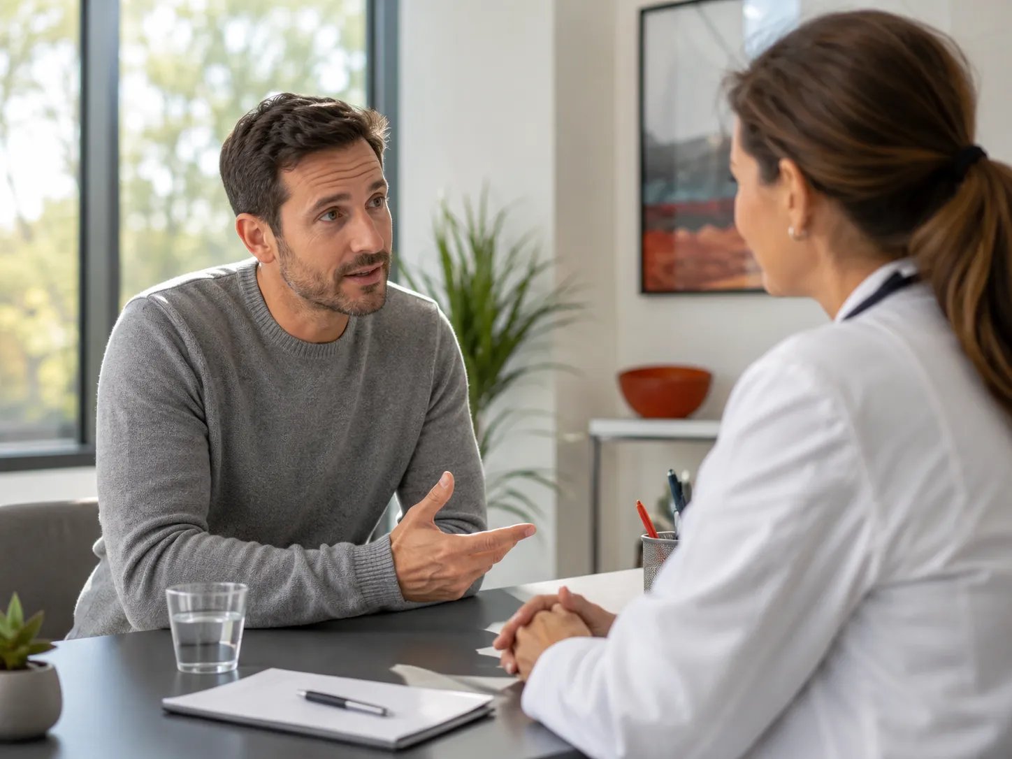 Patient asking questions to ask before starting TRT during a bright clinical consultation