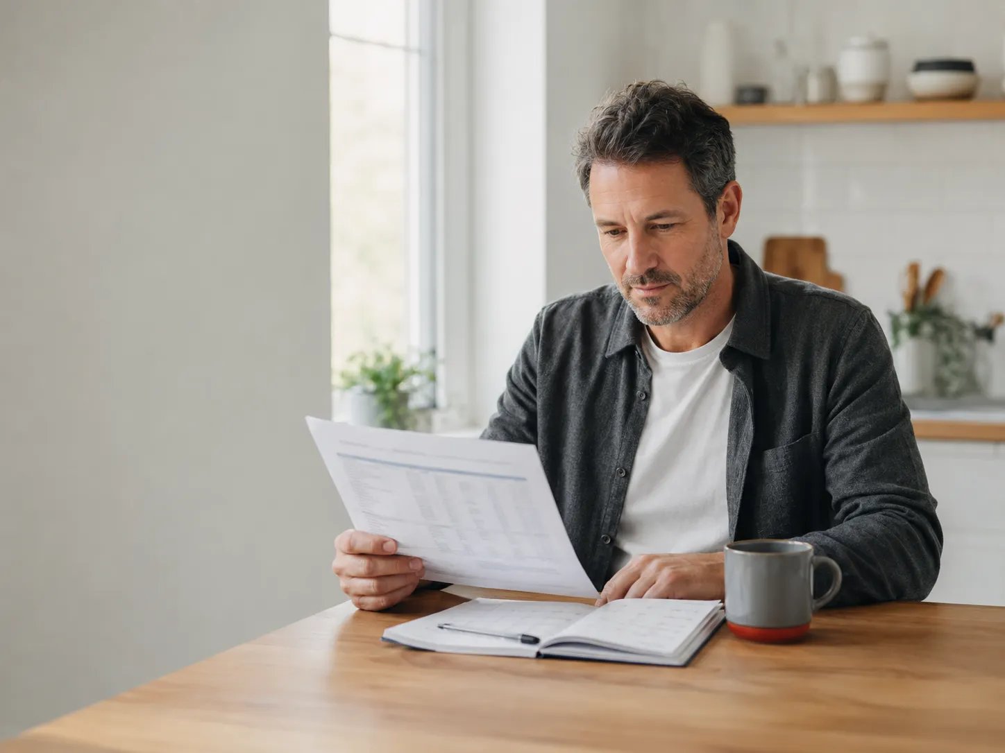 Man reviewing lab results and a planner while budgeting TRT cost