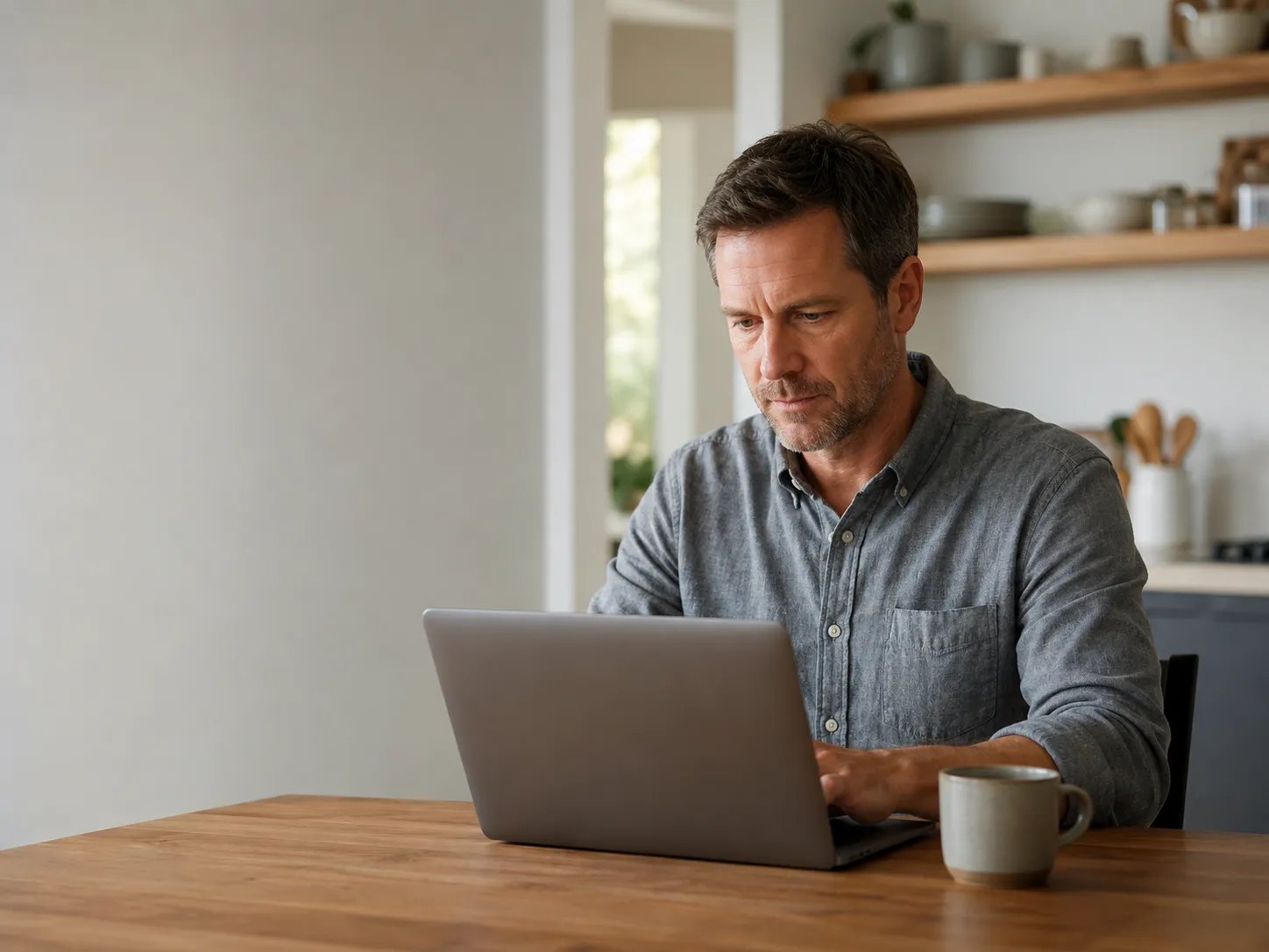 Man reviewing testosterone therapy options on laptop at kitchen table