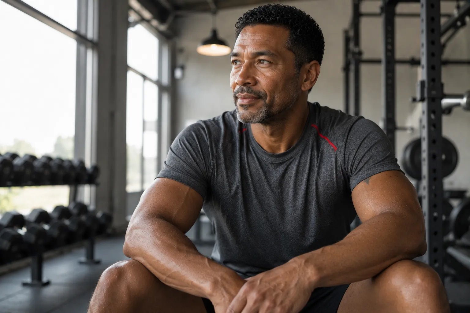 Healthy man after a strength workout during testosterone therapy