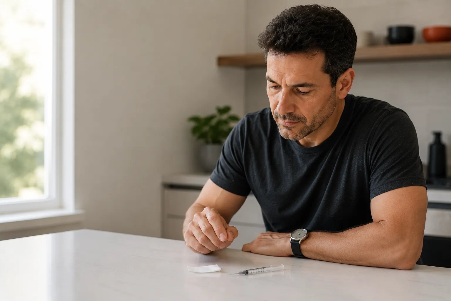 Man preparing TRT injection at kitchen counter in morning light