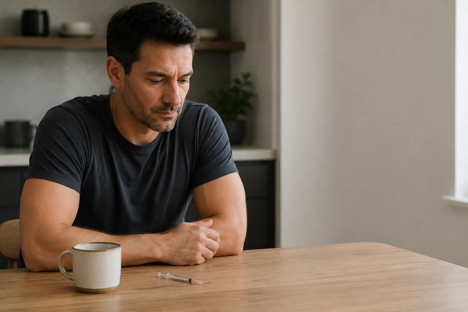 Man reviewing TRT microdosing insulin syringe at kitchen table