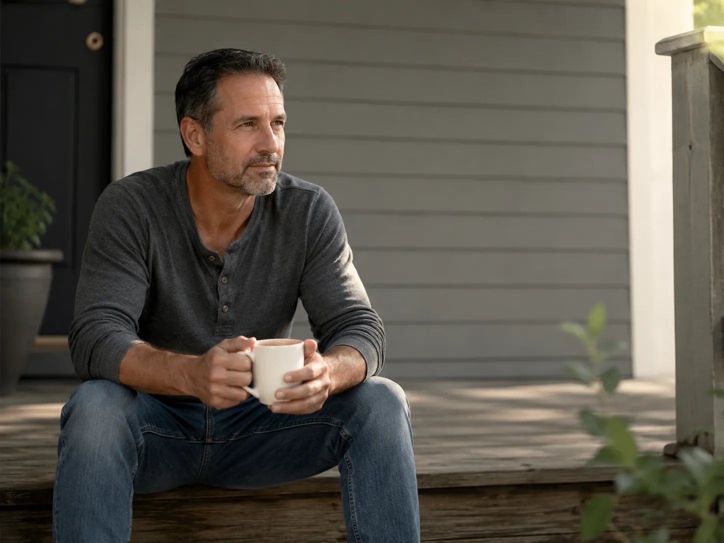 man in morning light considering testosterone health options