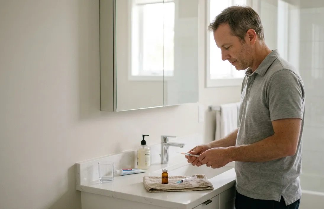 Man preparing testosterone injection at bathroom counter for TRT