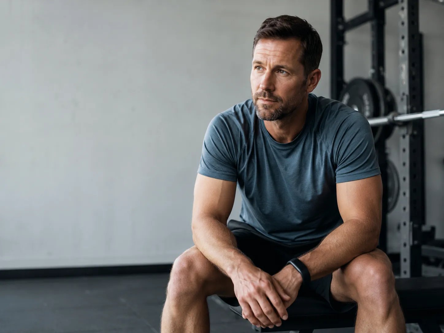 Man resting in a strength gym while considering training and health