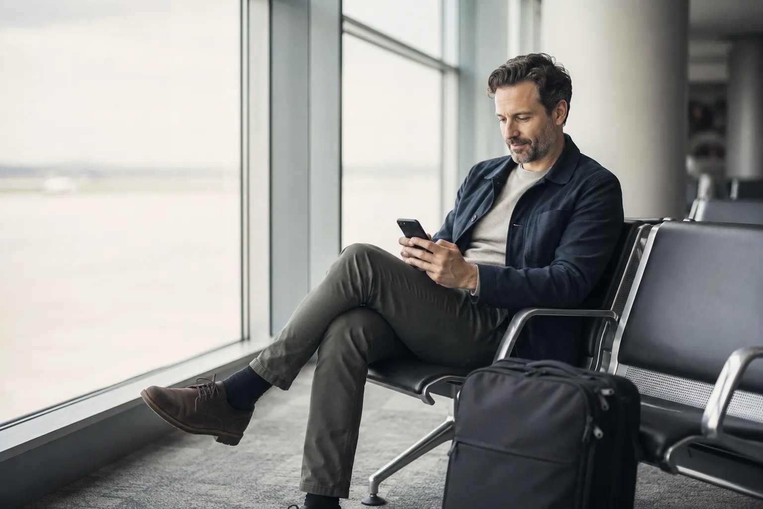 man sitting in airport terminal with carry-on bag before flight
