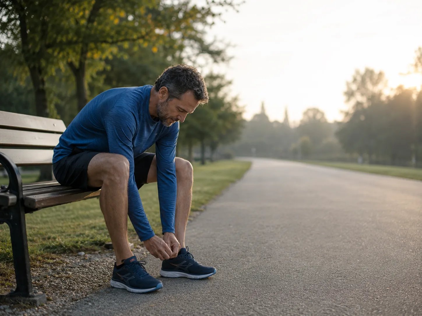 Man tying running shoes on park bench before morning run