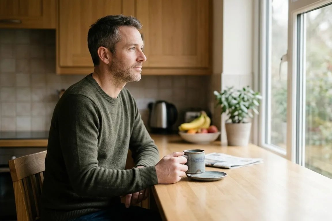 Man at a kitchen counter in morning light before testosterone labs
