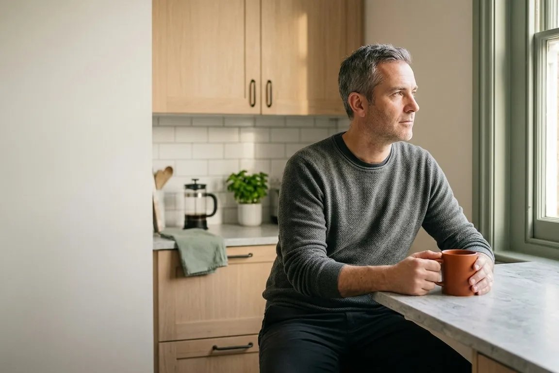 Man with coffee at sunlit kitchen counter thinking about energy levels