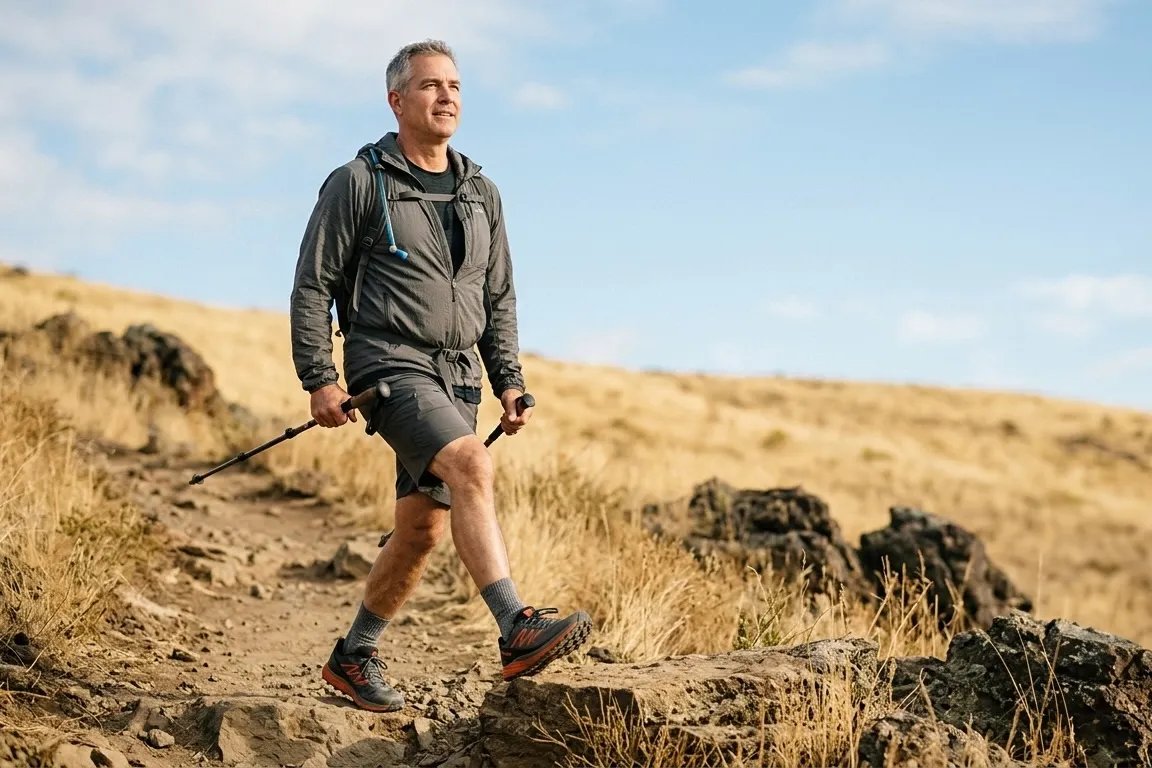 Man hiking uphill on rocky trail in morning sun, bone health