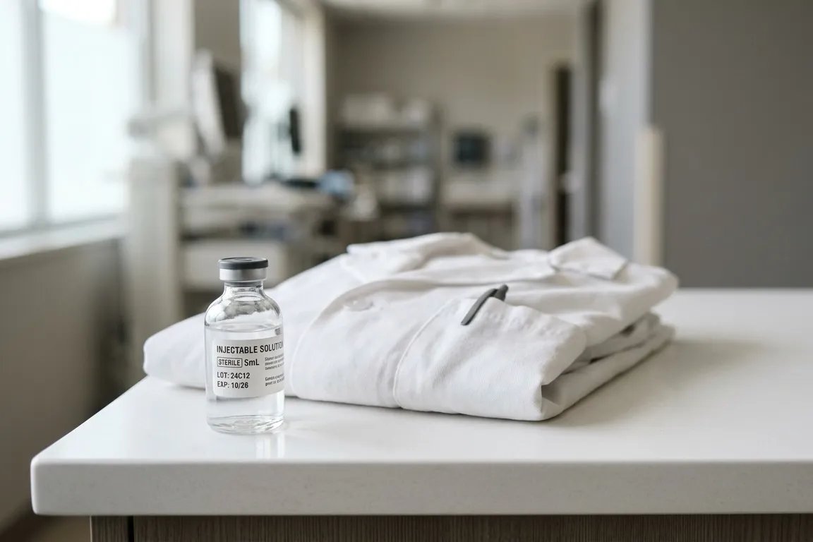 Glass vial of injectable solution on a countertop for TRT and B12 article