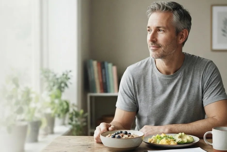 Man reviewing lab results at kitchen table during TRT