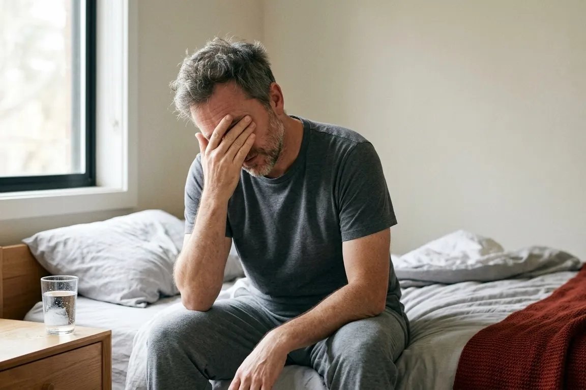 Man sitting on bed in morning light during TRT adjustment period