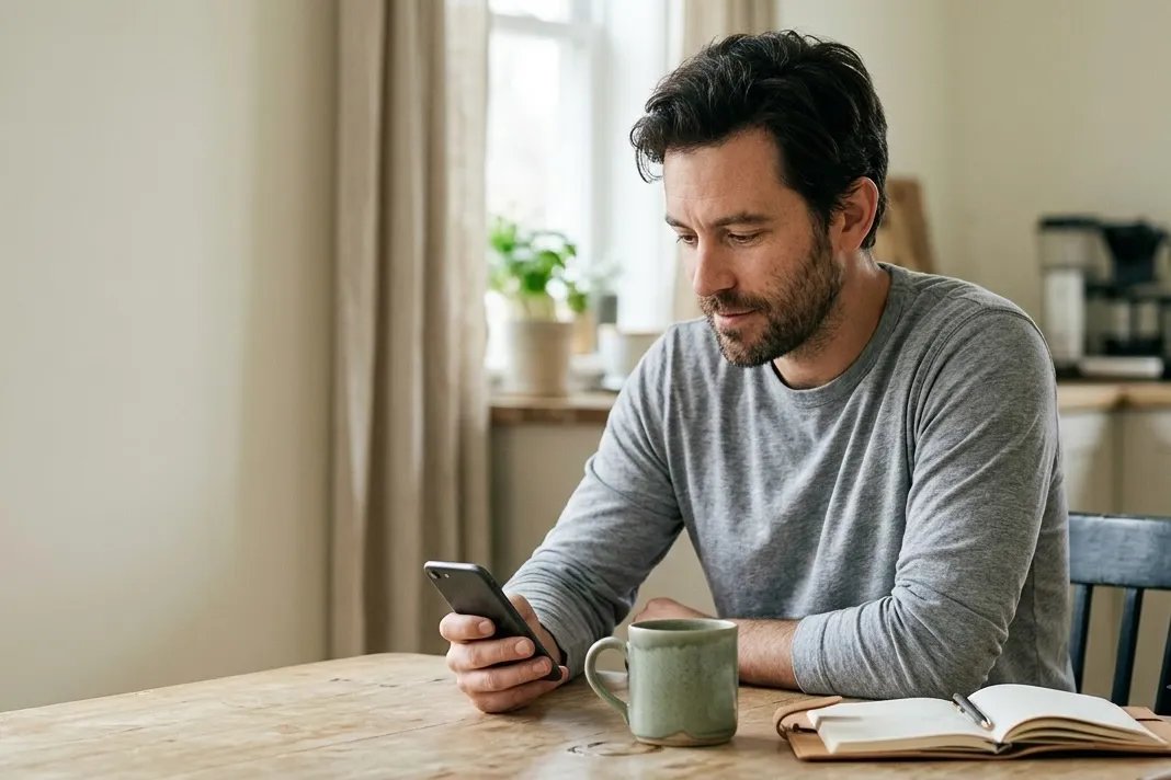 Man reviewing TRT progress on phone at morning kitchen table