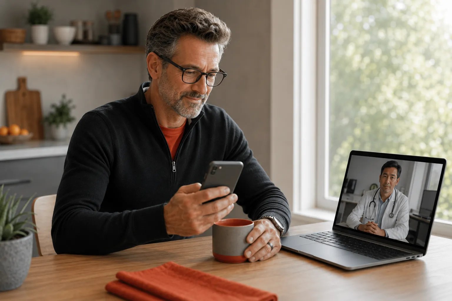 Man over 50 reviewing testosterone lab results during a telehealth visit