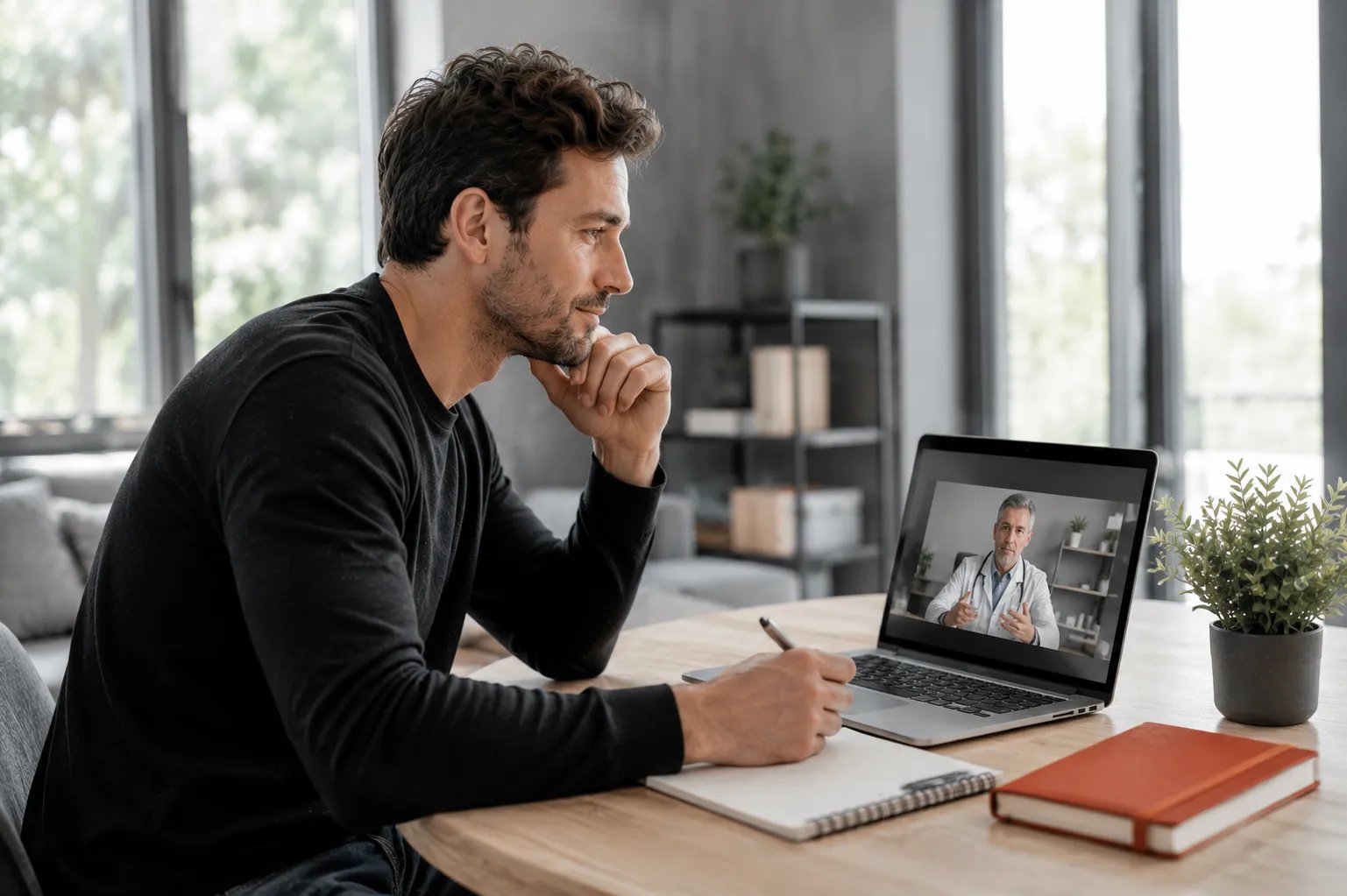Younger man reviewing testosterone lab results during a telehealth visit